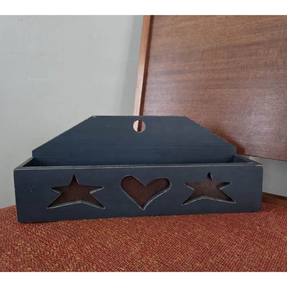 Vtg Primitive Americana Wall Shelf Box Spice Rack Heart Decor Country Charm